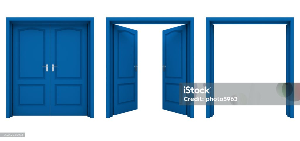 Double open door. Open and closed double doors Isolated on White Background. Double Door Stock Photo