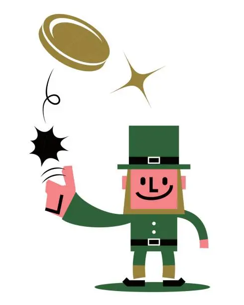 Vector illustration of St. Patrick's Day Leprechaun Character standing flipping a coin (toss up gold currency)