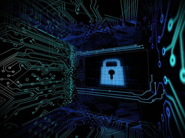 istock Padlock in the middle of digital circuit board 828305806