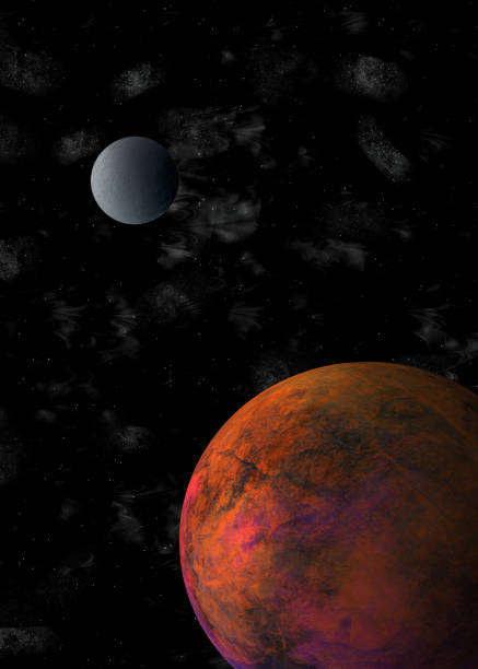 Red planet and its moon orbiting in the cosmos (3D illustration)