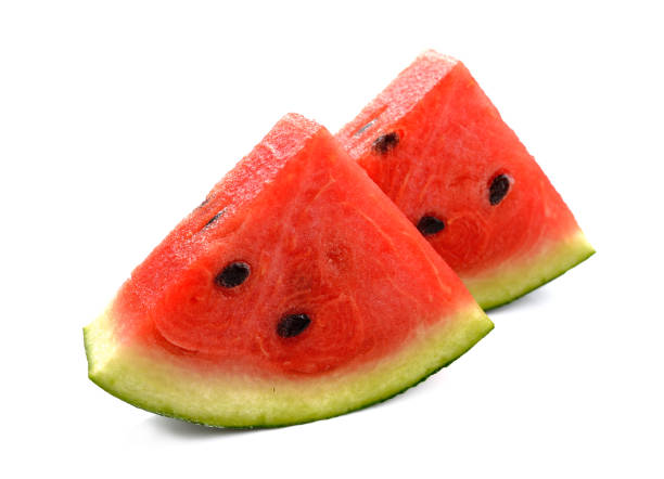 istock Water melon slices isolated on white background 828306908