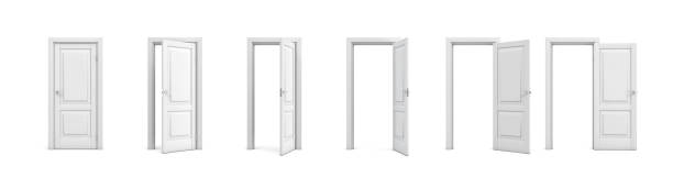 開口部のさまざまな段階で白い木製のドアの 3 d レンダリング セット - 扉 ストックフォトと画像