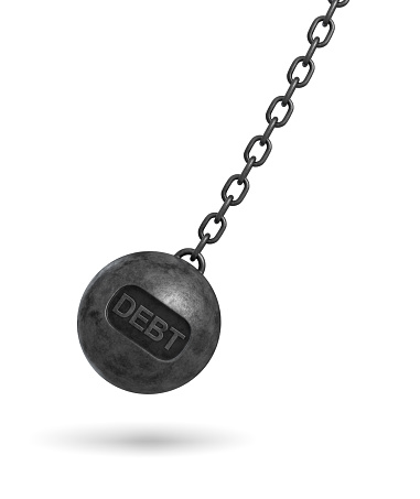 3d rendering of a large wrecking ball with a lettering DEBT swinging on a chain on white background. Budget deficit. Counting losses. Business liquidation.