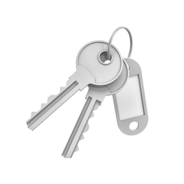 istock 3d rendering of two isolated silver keys on a key ring with a blank label 828341912