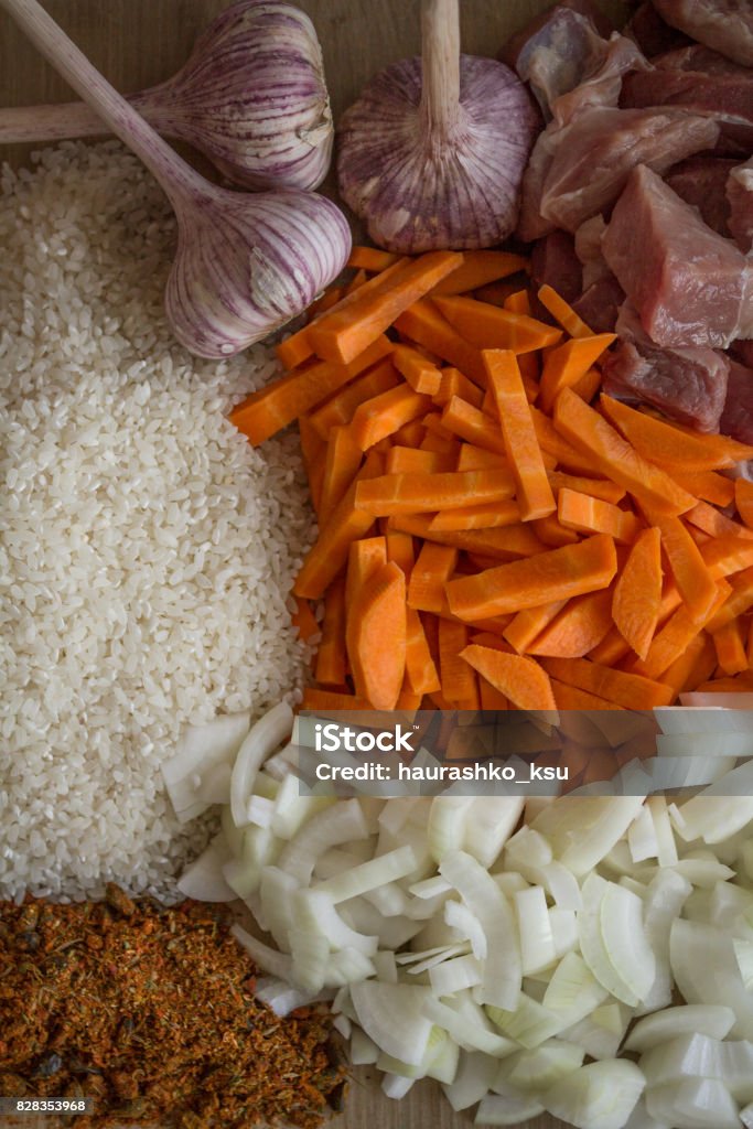 Cooking Pilaf. Composite Ingredients Top View Ingredients for Cooking Pilaf. flat Lay Belarus Stock Photo