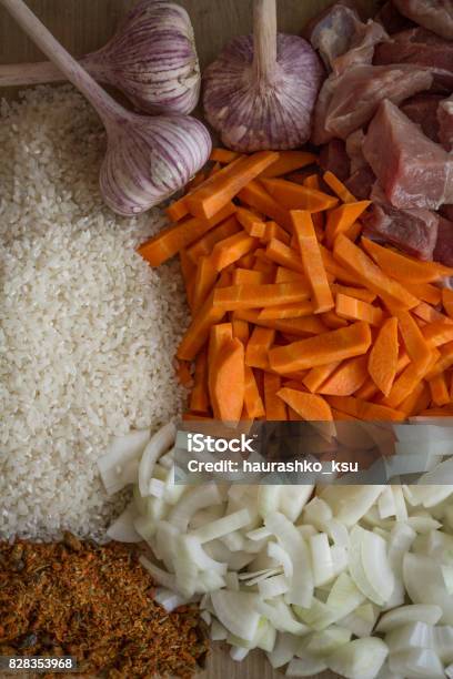 Cooking Pilaf Composite Ingredients Top View Stock Photo - Download Image Now - Belarus, No People, Onion Valley