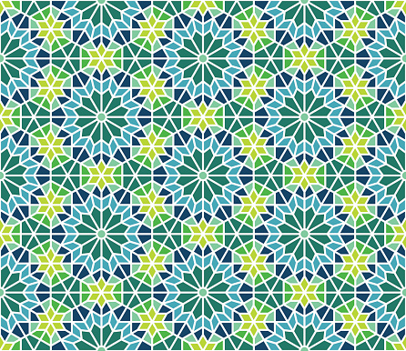 Moroccan tile pattern in navy, blue and green. Editable vector seamless pattern repeat.