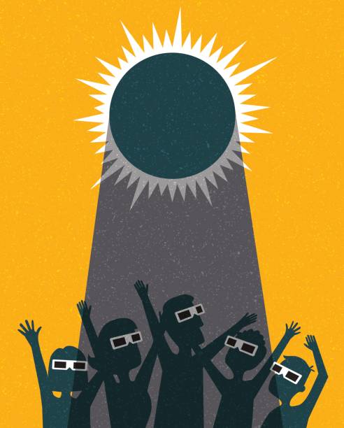 люди празднуют наблюдение за солнечным затмением в защитных очках. шаблон плаката, веб-баннер или открытка. ретро векторная иллюстрация. - sun watch stock illustrations