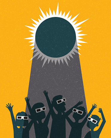 People celebrate watching the solar eclipse with protective glasses. poster template, web banner, or card. retro vector illustration.