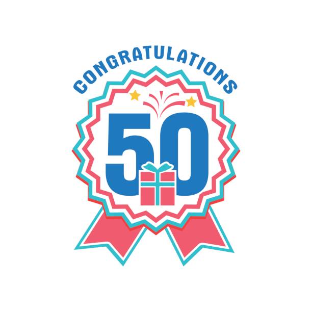 Anniversary fifty years number Anniversary fifty years number. 50th years festive Logo and greeting for invitation decor. Flat style vector congratulations isolated on white background. Birthday badge with gift senior birthday card stock illustrations
