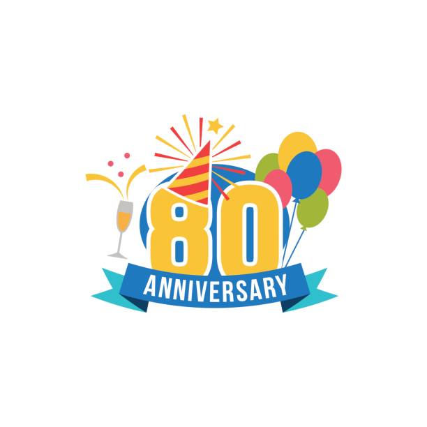 Anniversary eighty years number Anniversary eighty years number. 80th years festive Logo and greeting for invitation decor. Flat style vector congratulations isolated on white background. Birthday badge with champagne senior birthday card stock illustrations