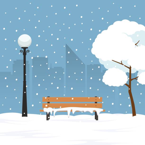 winterlandschaft im stadtpark. parkbank und bäume mit schnee bedeckt. - snow park road cold stock-grafiken, -clipart, -cartoons und -symbole