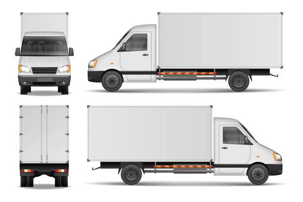 Cargo van isolated on white. City commercial delivery truck template. White vehicle mockup. vector illustration Cargo van isolated on white. City commercial delivery truck template. White vehicle mockup. vector illustration EPS 10 small bus stock illustrations