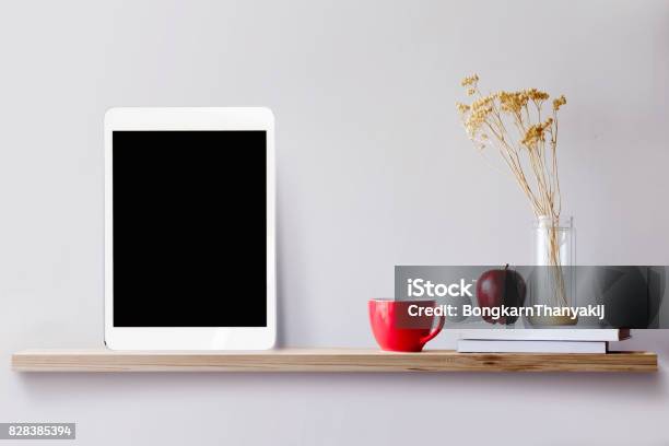 Wood Shelf With Tablet And Coffee Stock Photo - Download Image Now - Digital Tablet, Red, Book