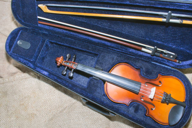 the violin in its case on the background of old sacking.
