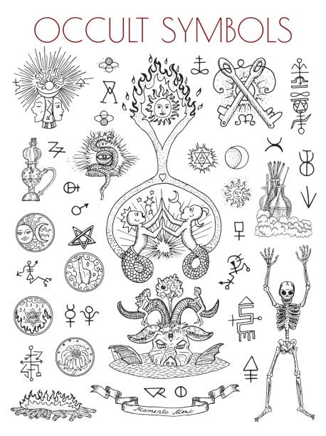 Graphic set with esoteric symbols and illustrations Esoteric vector engraved illustrations, tattoo gothic and wicca concept drawings on white alchemy symbols stock illustrations