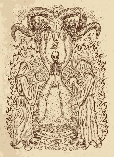Human skeleton, monks, devils head and spiritual symbols on texture Occult and esoteric vector engraved illustration, tattoo gothic and wicca concept. Latin text Nascentes Morimur means From the moment we are born we begin to die satan goat stock illustrations