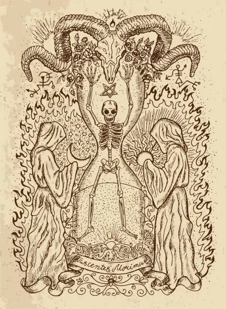 Vector illustration of Human skeleton, monks, devils head and spiritual symbols on texture