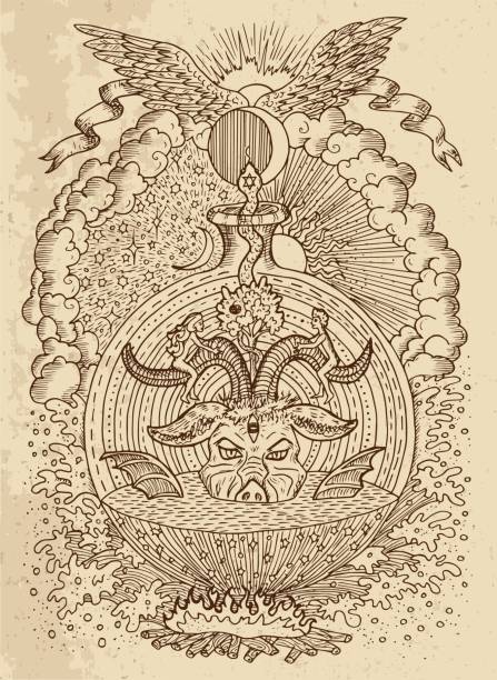 Religious symbols, hell and paradise on texture Occult and esoteric vector engraved illustration, tattoo gothic and wicca concept adam-and-eve-background stock illustrations