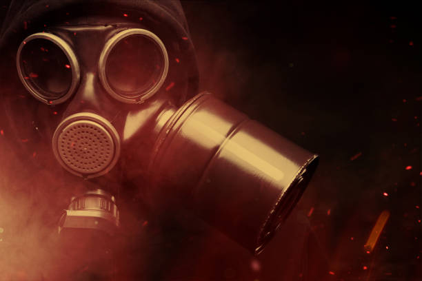 Biohazard Person wearing gas mask. Biohazard. biochemical weapon photos stock pictures, royalty-free photos & images
