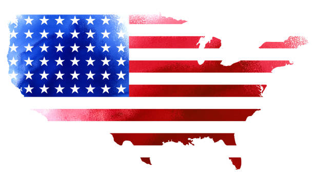 Paper illustration of american map with lots of flags over it