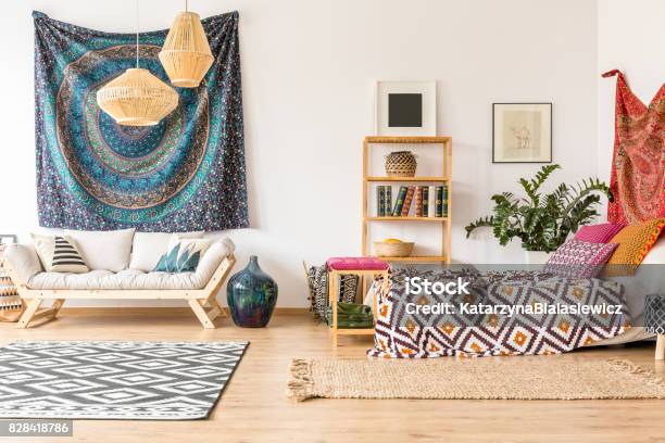 Indian Tissues In Apartment Stock Photo - Download Image Now - Boho, Home Decor, Bedroom