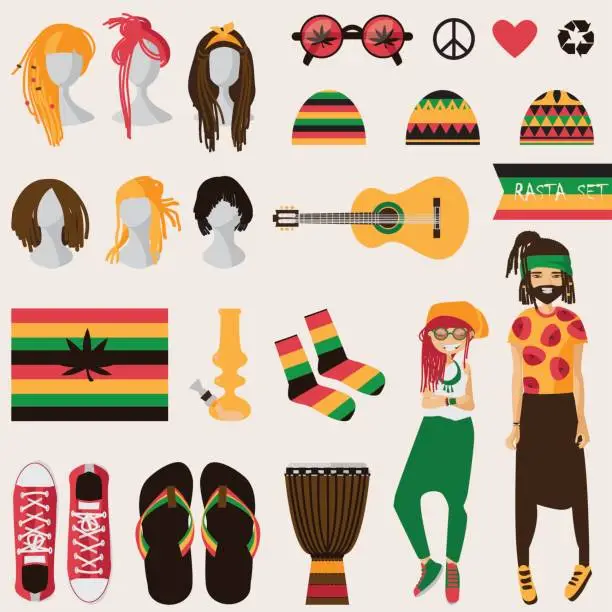 Vector illustration of Rastafarian subculture. Couple of young rastaman woman and man