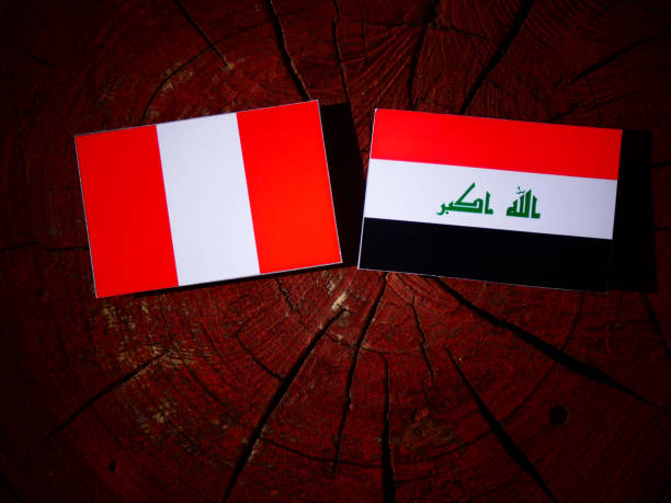 istock Peruvian flag with Iraqi flag on a tree stump isolated 828424486