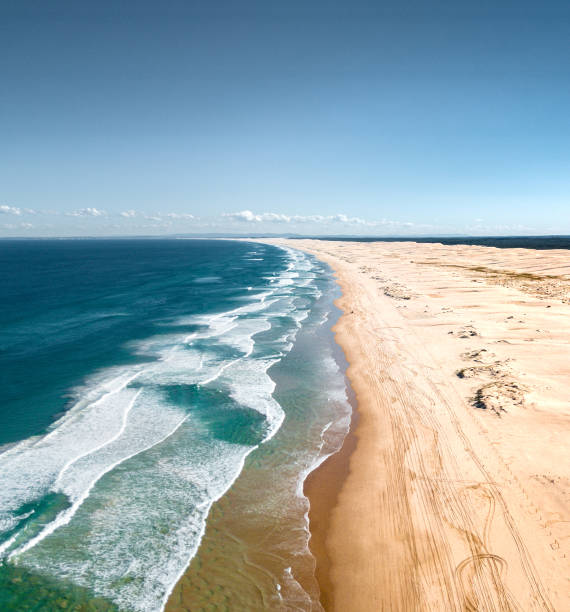 vue aérienne du paysage de plage de sable de stockton - port stephens new south wales australia coastline photos et images de collection