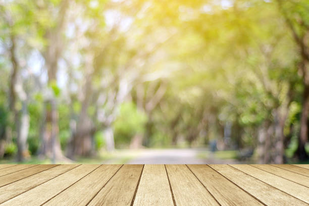 istock Empty table, perspective wood over blur tree with bokeh background, product display montage background 828428926