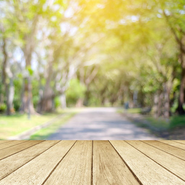 istock Empty table, perspective wood over blur tree with bokeh background, product display montage background 828429238
