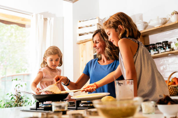 Little sisters cooking with her mother in the kitchen.