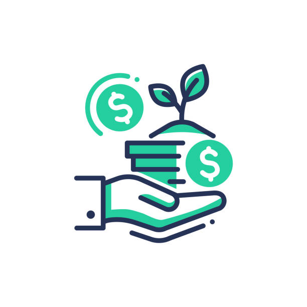 Donation - modern single vector line icon. Donation - modern vector single line design icon. Image depicting hand holding a vase with growing plant, dollar signs on white background, green color. Use it for charity, business presentation. savings account stock illustrations
