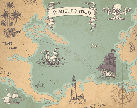 Vintage vector pirate map with sailing vessels. Ancient treasure map with ships and compass.