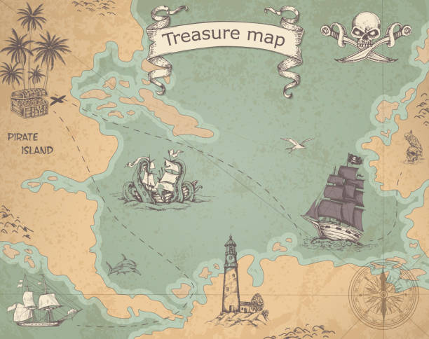 Ancient treasure map Vintage vector pirate map with sailing vessels. Ancient treasure map with ships and compass. pirate map stock illustrations