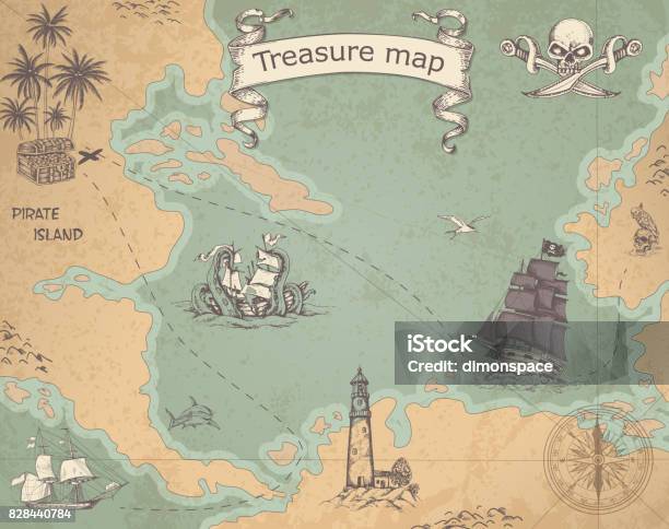 Ancient Treasure Map Stock Illustration - Download Image Now - Treasure Map, Map, Pirate - Criminal