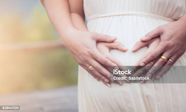 Pregnant Woman And Her Husband Making Hand Heart Shape Together On The Tummy Stock Photo - Download Image Now