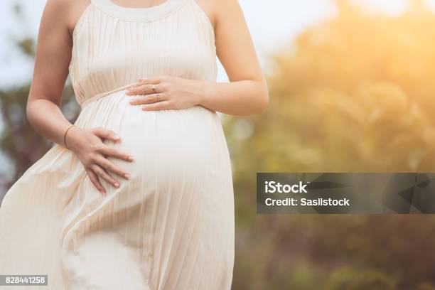 Schwangere Frau Ihren Dicken Bauch Zu Berühren Und Zu Fuß In Den Park Stockfoto und mehr Bilder von Schwanger