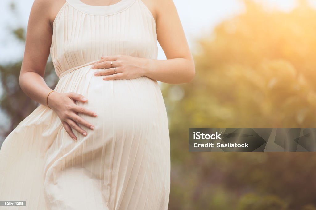 Pregnant woman touching her big belly and walking in the park Pregnant woman touching her big belly and walking in the park relaxing in outside Pregnant Stock Photo