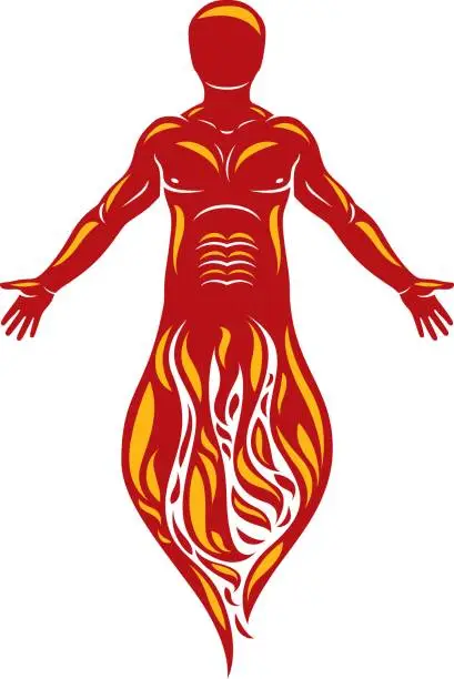 Vector illustration of Vector graphic illustration of muscular human, self. The sun God fiery Ra, mystic ancient god metaphor.