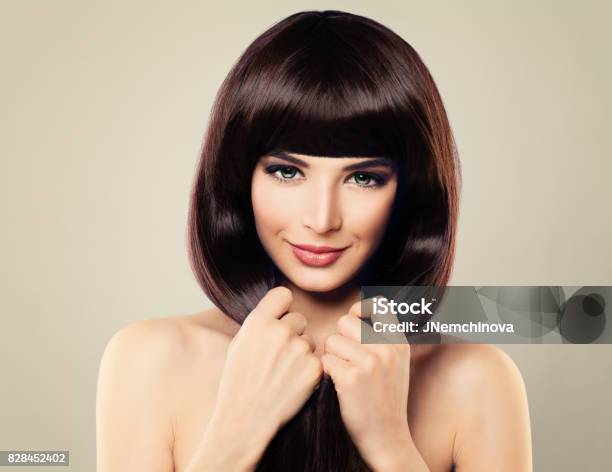 Haircare Concept Beautiful Fashion Model With Long Healthy Hair Smiling Woman With Perfect Hairstyle Beauty Salon Background Stock Photo - Download Image Now