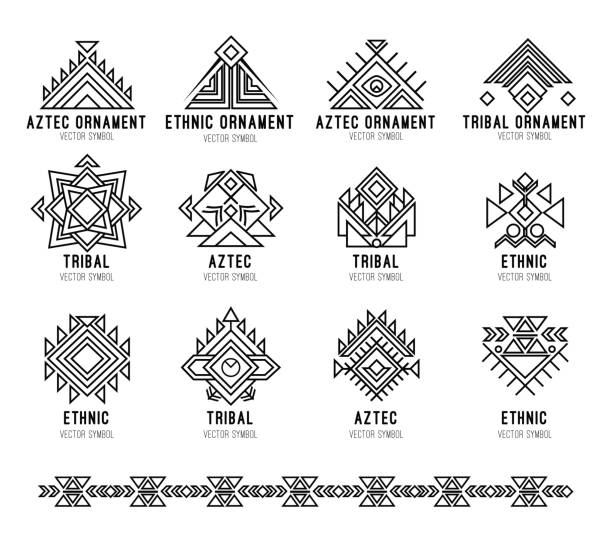 ilustraciones, imágenes clip art, dibujos animados e iconos de stock de conjunto de iconos de tribus nativas - ilustraciones de azteca logo