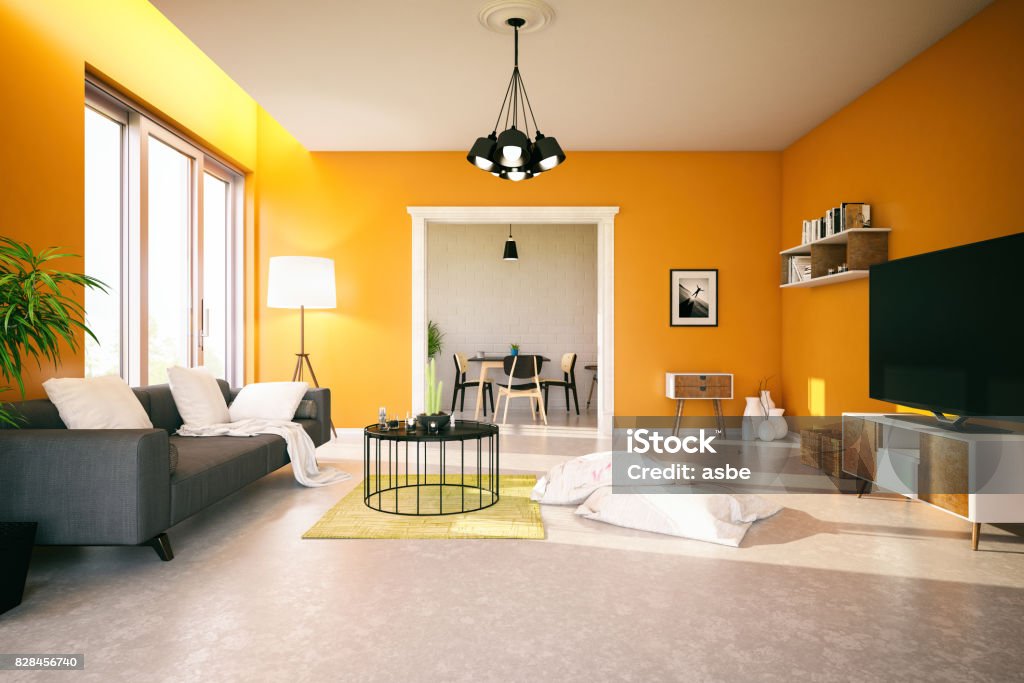 Orange Living Room Modern living room with orange walls Paint Stock Photo