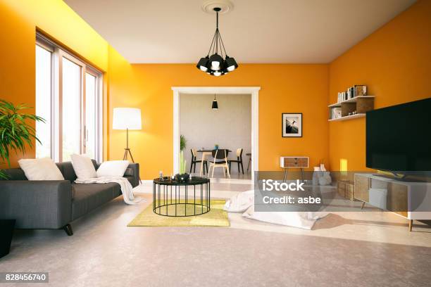 Orange Living Room Stock Photo - Download Image Now - Paint, Domestic Room, Orange Color