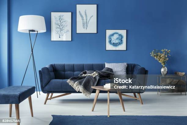 Blue Living Room Stock Photo - Download Image Now - Blue, Decorating, Living Room
