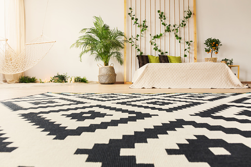 Geometrick black and white carpet in bright bedrom with plants