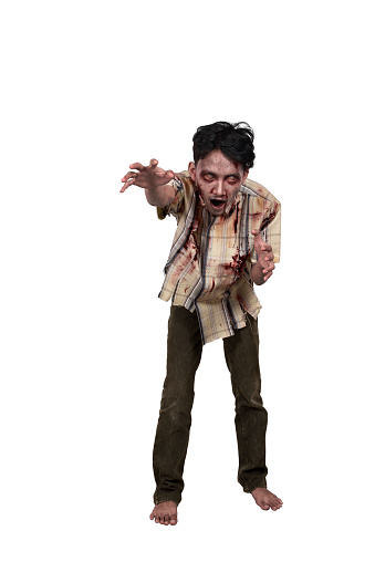 Portrait of asian zombie man with hand to reach you isolated over white background