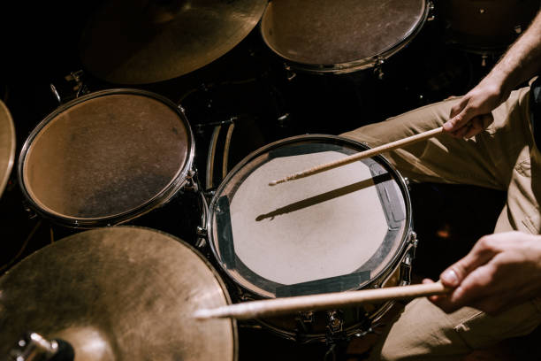 istock Drum set closeup. Drummer recording music 828465242