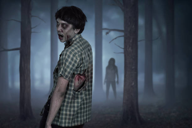 istock Creepy asian zombie in clothes standing 828469378