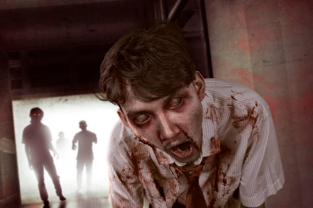 istock Crowd of spooky asian zombies with red eyes 828473532